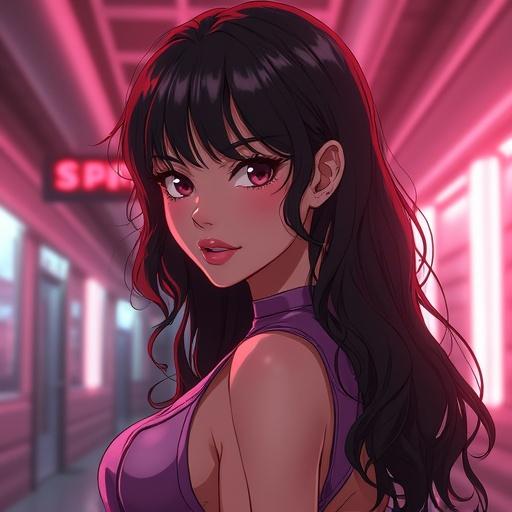 Anime-style character with futuristic, simple clothing. Seductive and innocent expression. Soft lighting with a blurred background and clear skin tone.