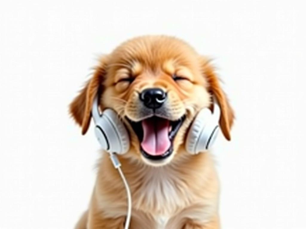 This is a stock photograph of a young puppy enjoying music through earphones. The puppy has its eyes closed and a relaxed expression, embodying pure bliss. The earphones are white and are gently draped around its ears. The background is plain white, emphasizing the puppy's golden fur and adorable features. The image captures a joyful moment, showcasing the puppy's personality as it immerses itself in music.