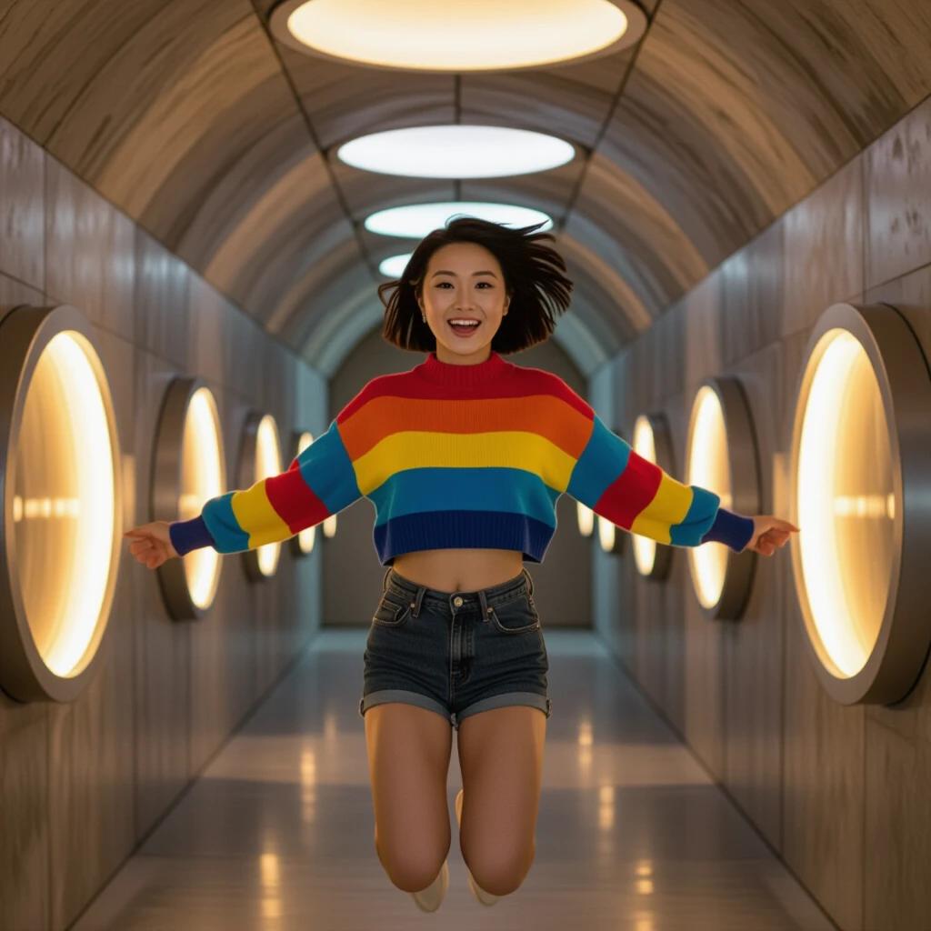 A young woman jumps joyfully in a futuristic corridor. The corridor features circular illuminated fixtures on the walls. The setting has a vibrant atmosphere enhanced by warm lighting. The woman wears a colorful cropped sweater and denim shorts. Her hair is lifted due to the jump. The scene has an energetic and lively feel with a modern design.
