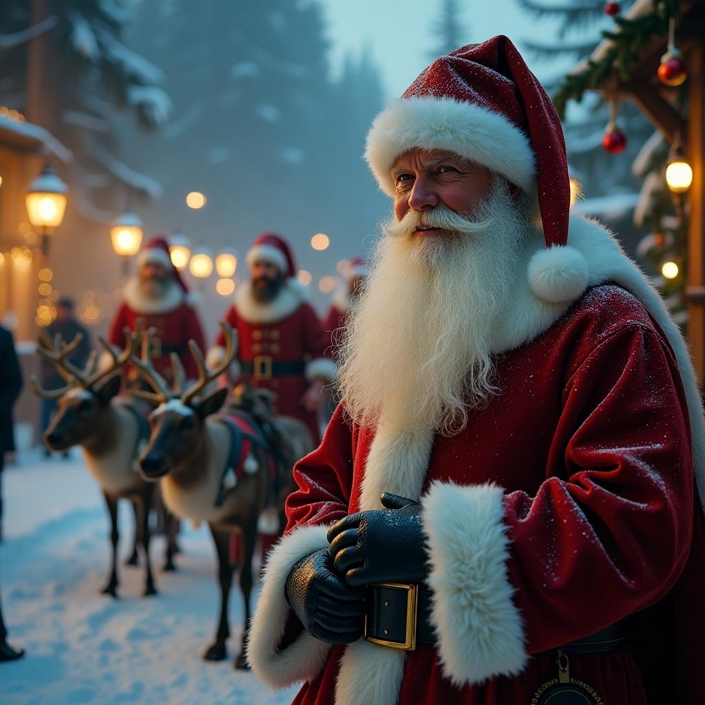 Scene depicts Santa Claus with elves and reindeer at the North Pole. Evening ambiance with a 19th century Christmas theme. Cozy and inviting atmosphere. Focus on detailed character design.