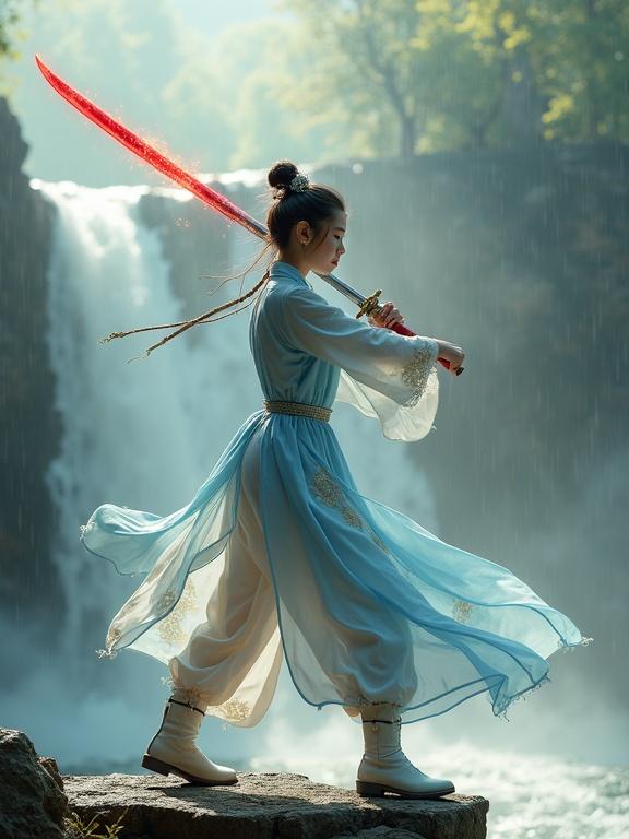 Young warrior stands on rocky platform by waterfall, dressed in light blue silk dress with gold embroidery. Hair in bun with silver pins, wielding glowing red sword. Soft sunlight highlights scene. Misty forest and mountains in background create heroic atmosphere.