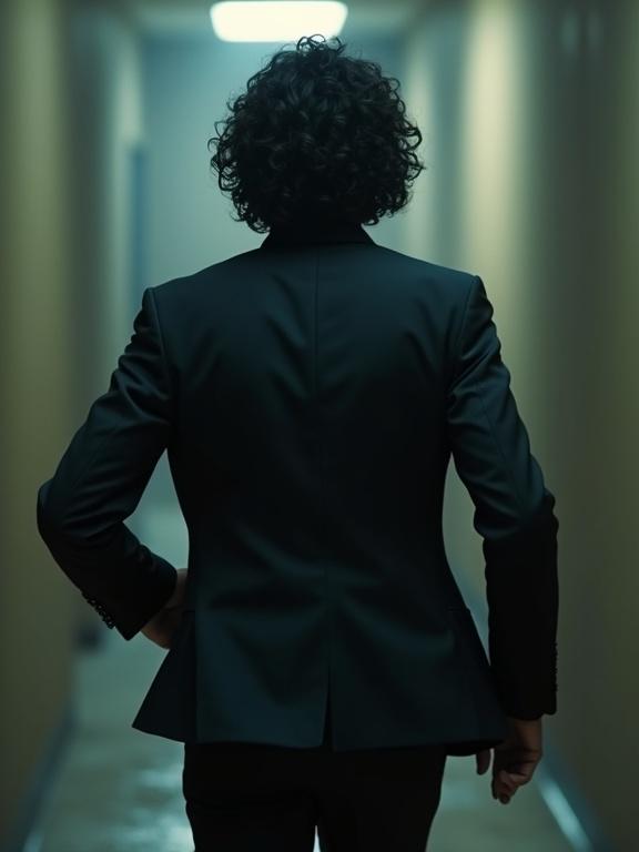 A modern-day Latin man is shown running down a dimly lit hallway. He wears a dark suit with medium-length, thick, black, wavy hair. His back is to the viewer, looking back at the camera. The setting evokes feelings of adventure while creating a sense of dread.