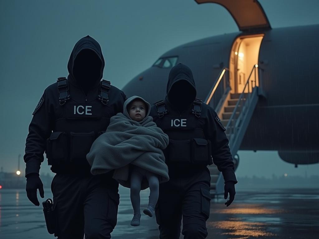 Dramatic visual of two hooded ICE agents in tactical gear carrying a small sick 2-year-old child in a maxi cozy up the stairs of a government airplane at night. Agents have black hoodies and dark uniforms marked ICE. Baby in light blanket looks confused but unharmed. Aircraft is a large grey military-style jet with open hatch, illuminated by harsh lights. Wet tarmac reflects light, mood is tense and mysterious.