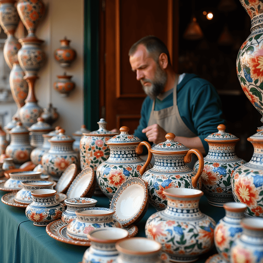 A craftsman arranges intricately painted ceramic pots and dishes at his market stall.