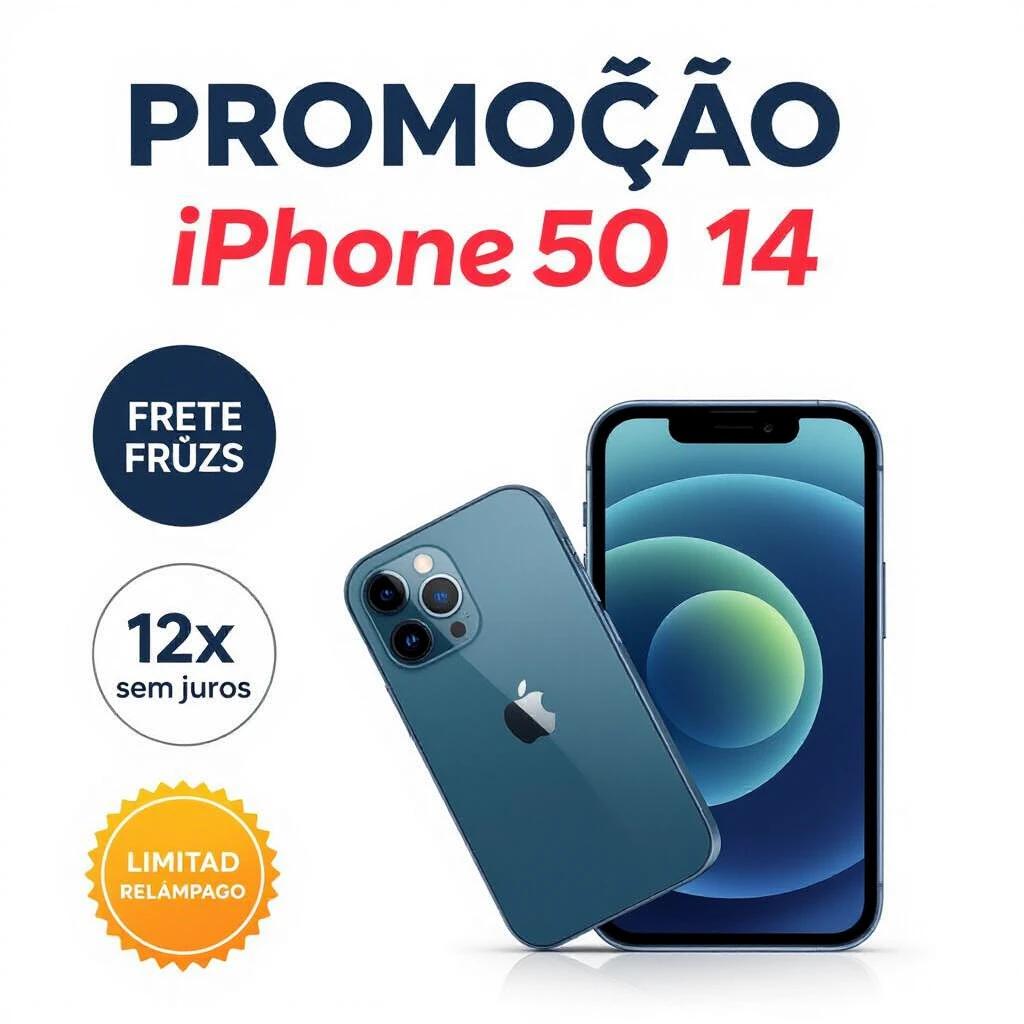 Promotion for the iPhone 14 with a white or modern gradient background in light blue/gray. Contrast text emphasizes 'promoção' in bold red, yellow, and black colors, while 'iPhone 14' is highlighted in blue. Small icons for 'frete grátis' and '12x sem juros' included. Add a seal saying 'LIMITADO' or 'OFERTA RELÂMPAGO'.