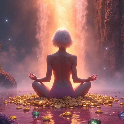 Person meditating on an island of gold coins surrounded by multicolored gems. Gaseous colorful nebula in the background. Waterfall of amethyst and rose quartz liquid flowing. Confident short-haired android figure. Hyper-detailed art style.