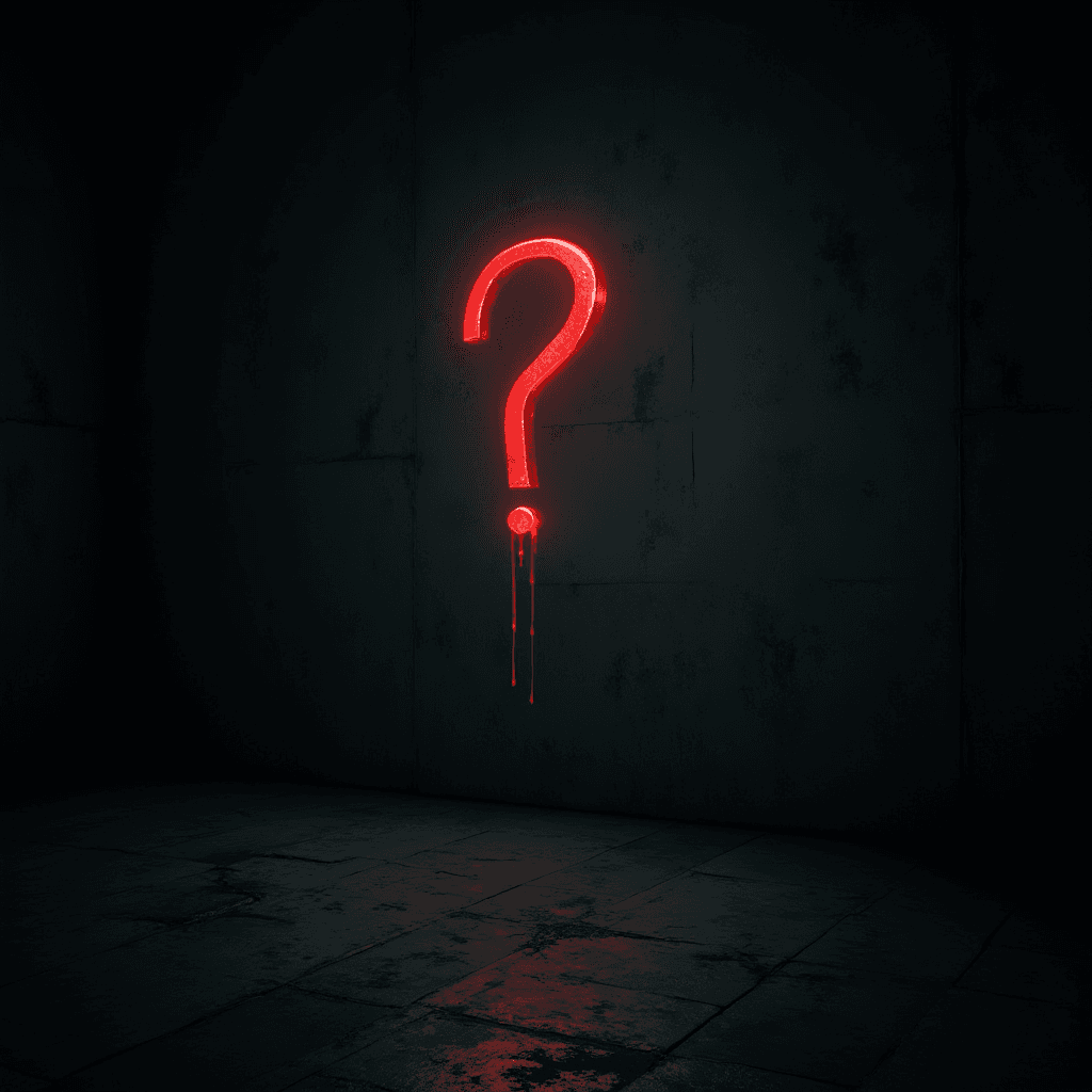 The image features a dark, dimly lit room with a question mark illuminated in a vivid, glowing red on the wall. The question mark appears to be made of neon or a similar luminescent material, and it drips paint or liquid, suggesting an artistic or mysterious theme. The stark contrast between the bright red and the shadowy room enhances the enigmatic atmosphere, creating a sense of intrigue and curiosity. The floor appears to be made of stone tiles, adding to the ominous and introspective mood of the scene.