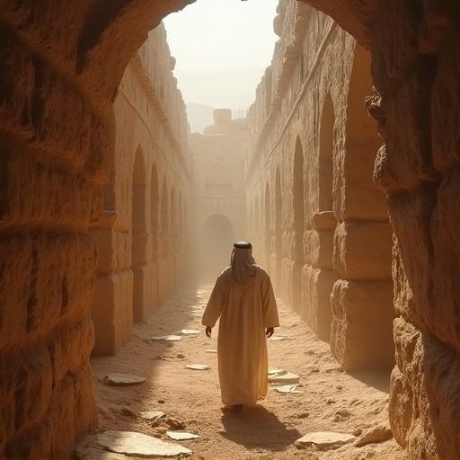 A person in traditional Arab attire walks through an ancient buried necropolis. The environment features ancient stone walls with a hazy atmosphere creating a mysterious setting. Dusty ground and shadowy niches evoke a sense of history.