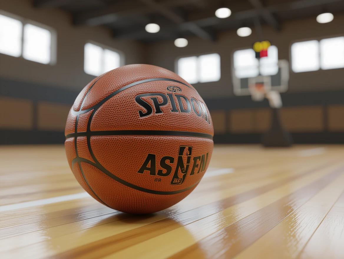 A close-up view of a realistic basketball is shown with its textured leather surface and deep black panel lines. The basketball is placed on a polished wooden floor. A blurred indoor basketball court is visible in the background alongside the basic layout and markings. The lighting is provided by standard gymnasium lights. The image is captured in a shallow depth of field with soft shadows highlighting the photorealistic details in cinematic sports photography style.