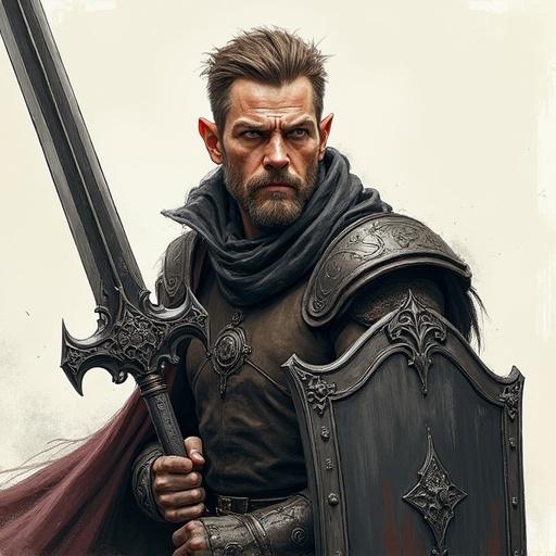 2.5D pen sketch of male tiefling paladin holding dark great sword and shield. Intense expression with stylized depth. Colored pen style with visible strokes and paper texture. Non-photorealistic soft shading and cel-shaded lighting.