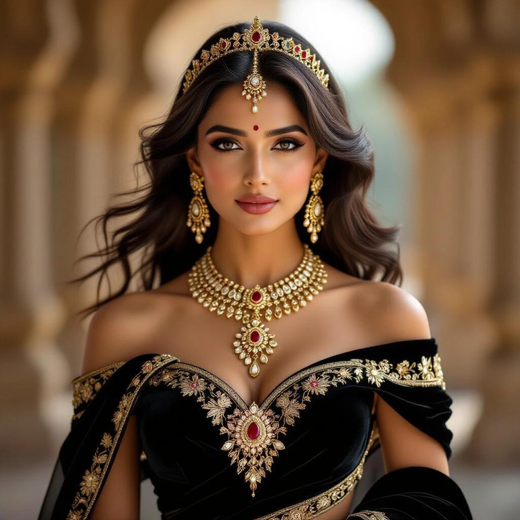 A breathtaking portrait of a noblewoman inspired by the goddess Lakshmi. Close-up view. Centered and facing forward. Exudes aristocratic elegance and divine presence. Luxurious black and gold gown with intricate velvet textures. Lavish golden jewelry shines. Long flowing hair moves gently. Softly blurred background suggests ruins. Focus remains on noble beauty and refined attire. Photorealistic with cinematic lighting.