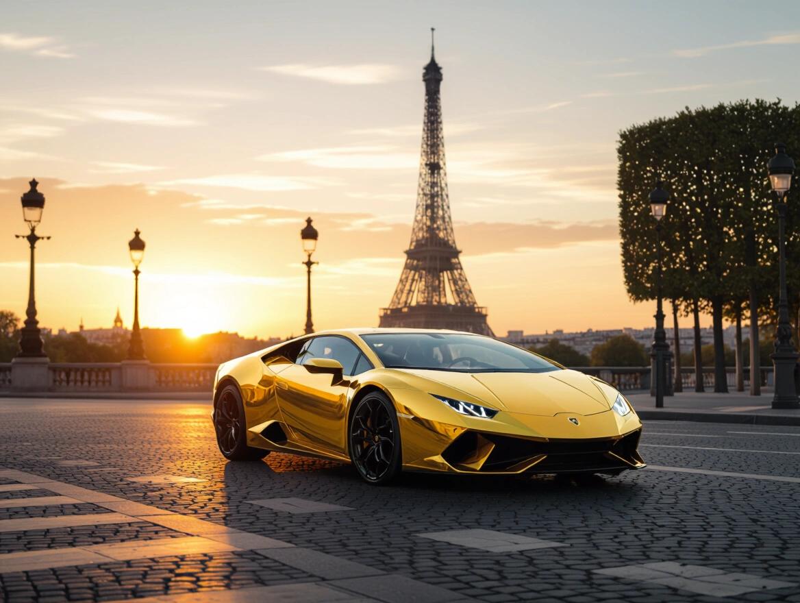 Realistic photo shows golden Lamborghini on street in Paris during sunset. Beautiful sunset lighting accentuates the car. Eiffel Tower stands in the background.