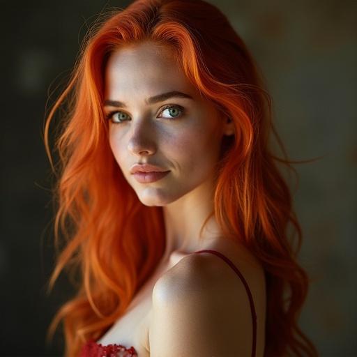 A young woman with red hair poses for a portrait in soft light. She has striking features and a confident expression.