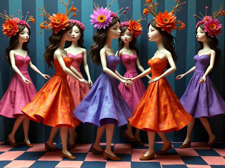 A group of colorful origami dolls dressed in vibrant attire dance a conga line. Each doll has a unique flower crown made of paper. The background features a checkerboard pattern with stripes. The scene has a surreal and abstract quality, highlighted by bright colors and textured details.