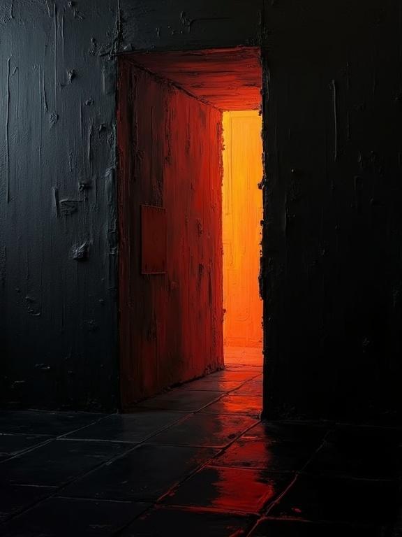 Digital oil painting features an open door glowing orange against a black wall. Harsh paint strokes create a textured background. Cubist and unfinished elements are present. Minimalist style showcases flat colors. Shadows interact with defined shapes resembling film strips. The perspective highlights the contrast between light and dark.