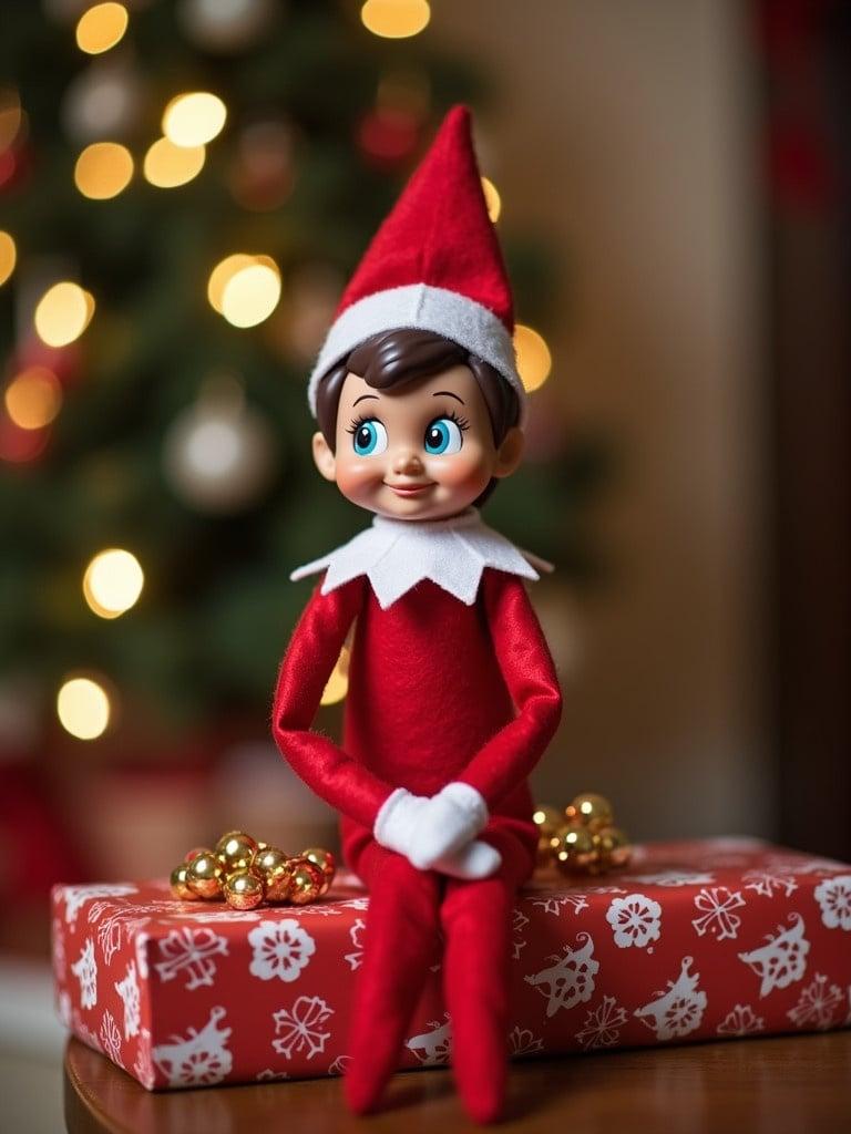 An elf on the shelf sits delivering presents. The setting includes a festive background with a Christmas tree and decorated presents.