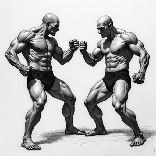 Muscular men facing each other. Dynamic poses. Pencil drawing style. High contrast black and white. Detailed anatomical features. Ken Watanabe inspired.