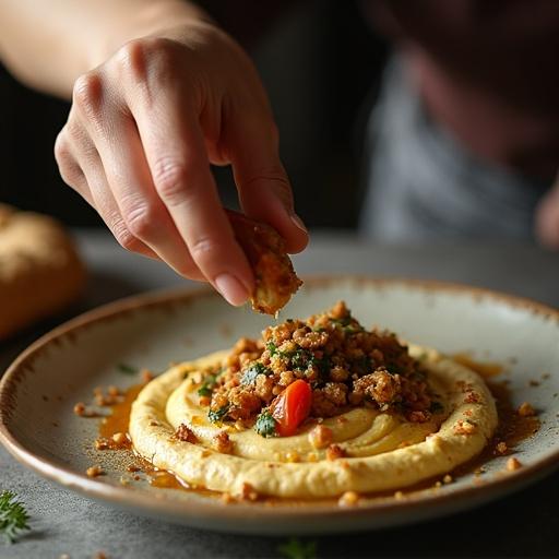A dish of hummus with a woman's hand seasoning it on a table using warm tones.