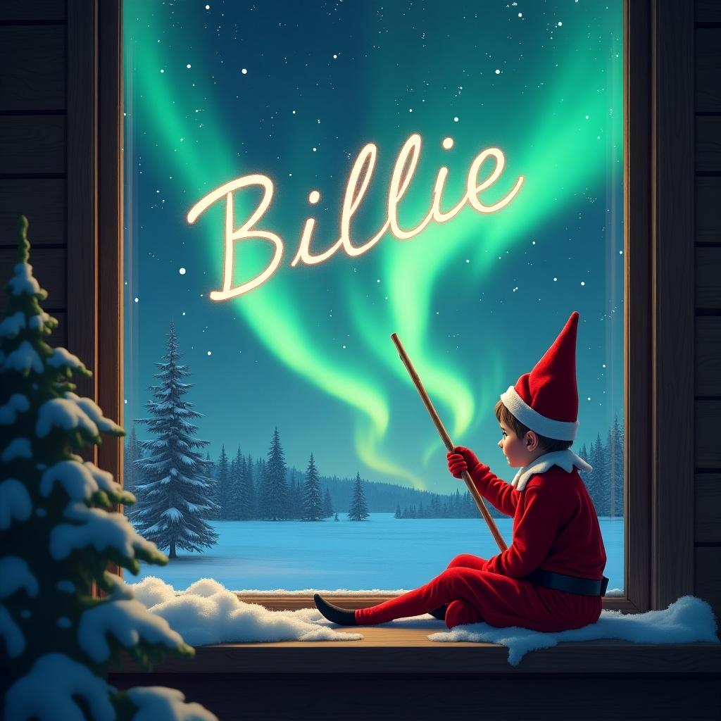 A young elf in a red outfit with a pointy hat sits by a snowy window. Outside, the night sky features northern lights. Elf writes 'Billie' in the sky with a stick. The scene feels cozy and festive, vibrant colors invite wonder.