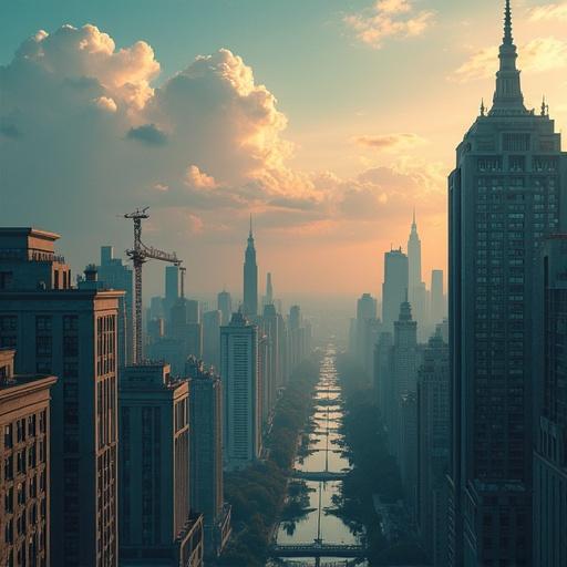 Surreal cityscape featuring a cracked sky with an aerial view of high-rise buildings and a river running through the city.