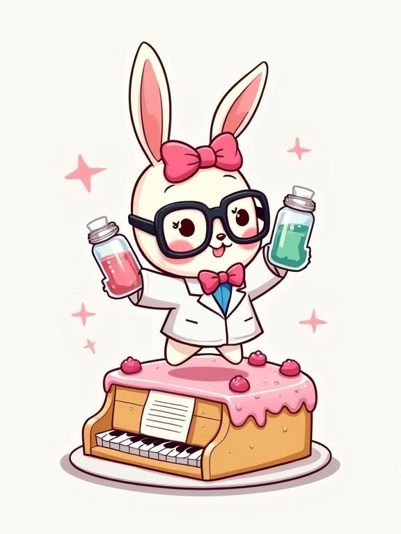 Cute chibi illustration of a research-bunny mascot. Bunny wears oversized glasses and a pink bow. One paw balances test tubes in colorful liquids. The other paw holds sheet music. Bunny hops on a frosted birthday cake shaped like a piano. Bright pastel colors emphasize kawaii aesthetic.