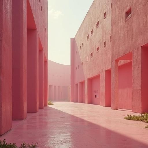 pink outdoor space with brutalist structures. architecture inspired by Oscar Niemeyer. soft daylight illuminates. composition features architectural elements.