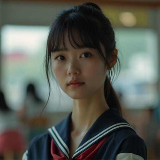 Soft lighting featured woman in schoolgirl uniform. Focus on face. Background blurred with students in a classroom setting.