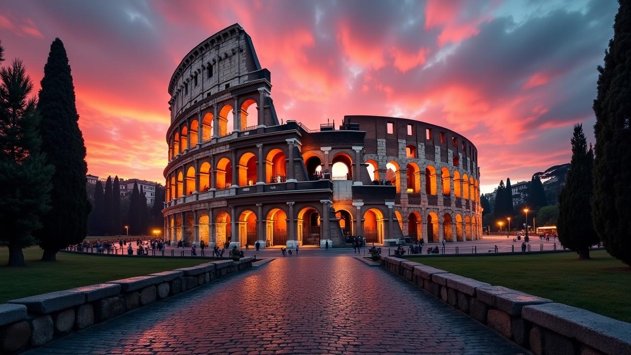 A stunning view of the Colosseum at sunset with dramatic sky colors and glowing lights from within, showing the architectural grandeur against a vibrant backdrop.