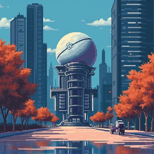 Futuristic city with skyscrapers and a large spherical  structure. Bright blue sky. Orange trees lining a city avenue. Modern vehicles parked.