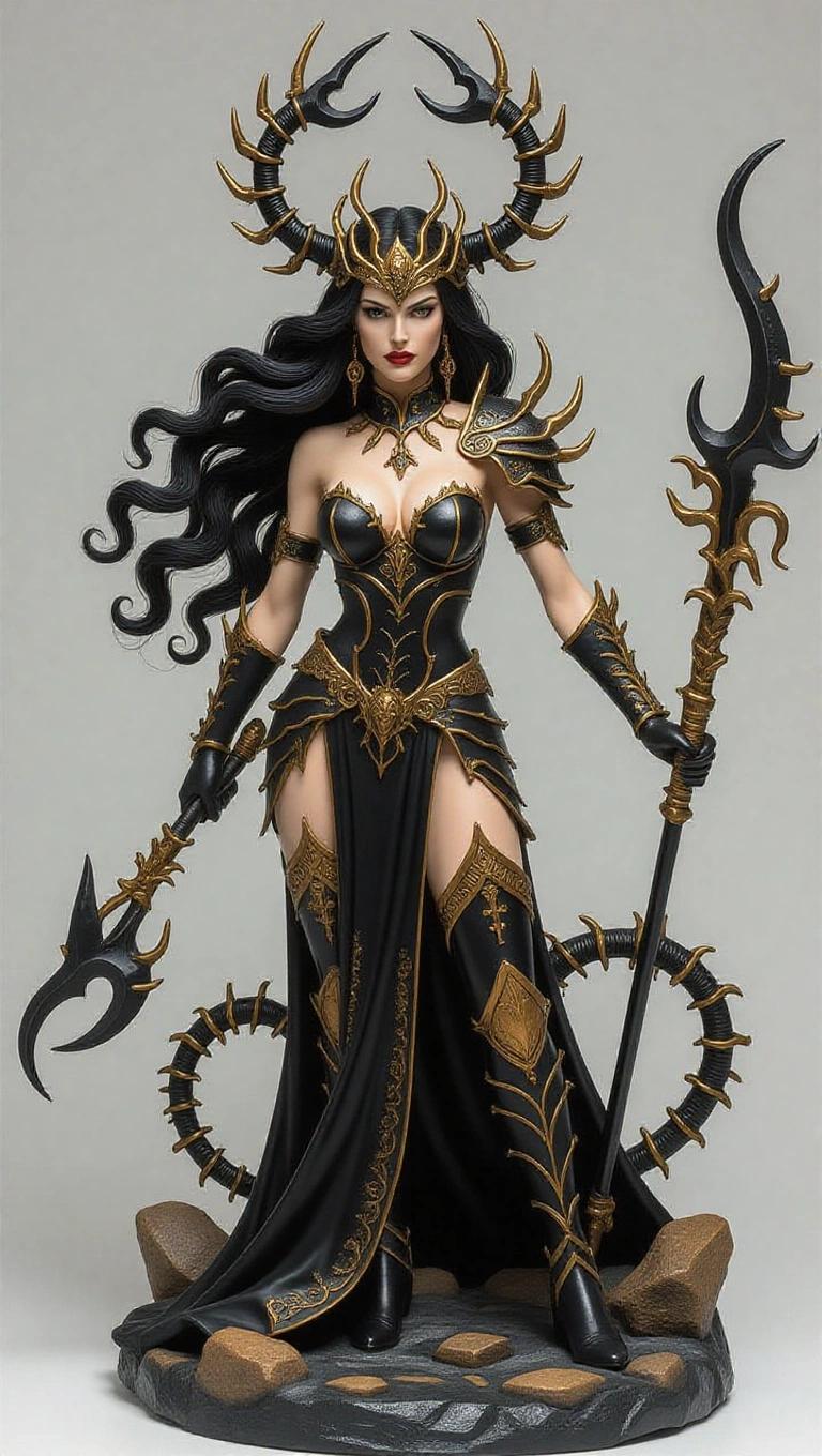Resin sculpture of a violent goddess inspired by the Scorpio sign. She has a stylized human body with a sensual figure. Long wavy black hair and a crown shaped like a stinger. Black armor decorated with golden scorpion symbols. Holds a curved weapon resembling a scorpion's stinger. Displays an aggressive attacking pose. Stands on a rocky base with a dramatic dark atmosphere. Design consistent with other Zodiac Queens. Elegant and lethal appeal.