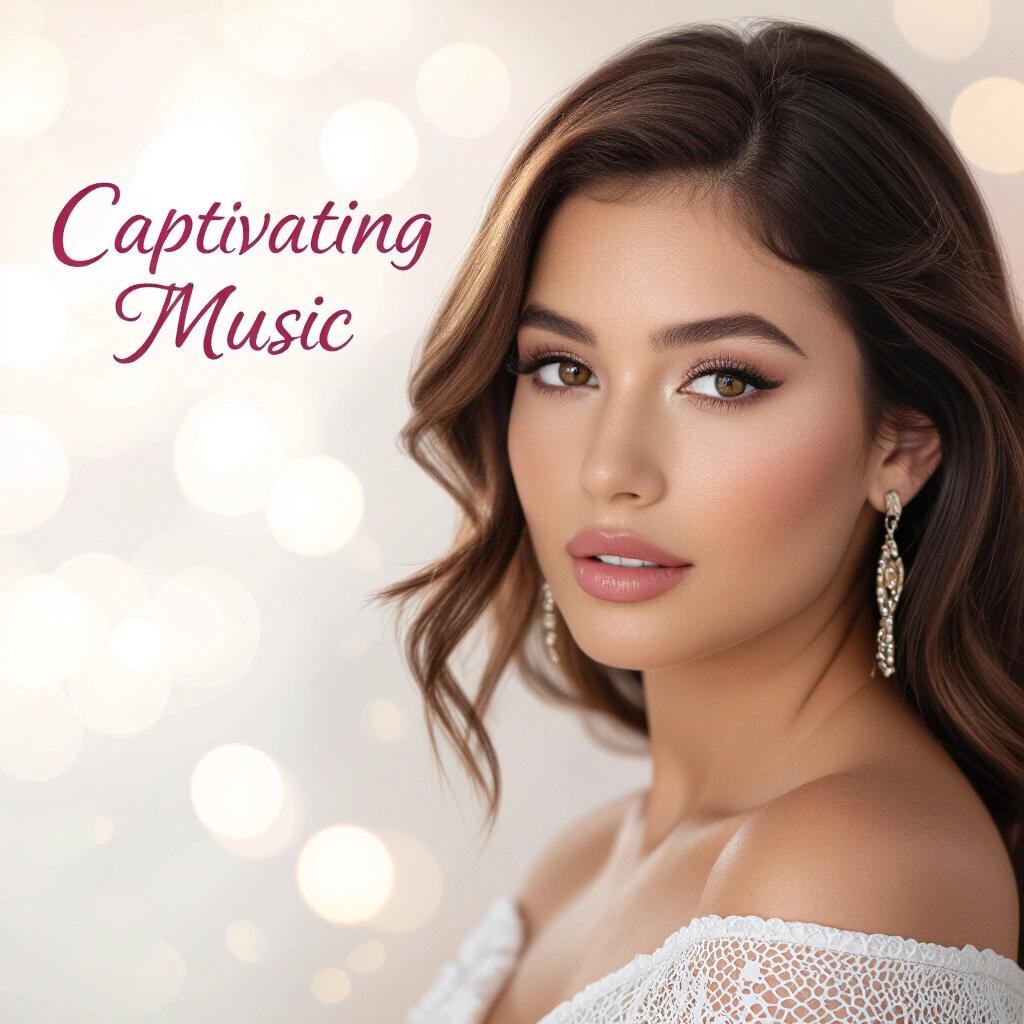 Captivating music album cover featuring a woman with an artistic portrait. Soft colorful lighting enhances the dreamy atmosphere. Bokeh effects create a vibrant background. Glamorous styling highlights her beauty.