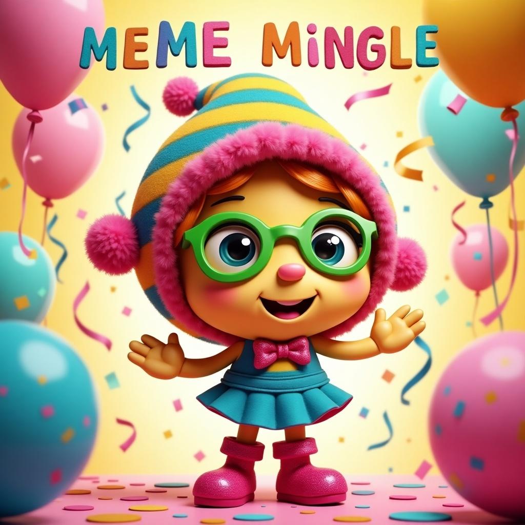 A colorful cartoon character in a vibrant party setting. The character has large green glasses, a bright smile, and is wearing a striped hat with pom-poms. They are surrounded by festive decorations like balloons and confetti, creating a joyful atmosphere. The text 'Meme Mingle' is at the top in bold letters.