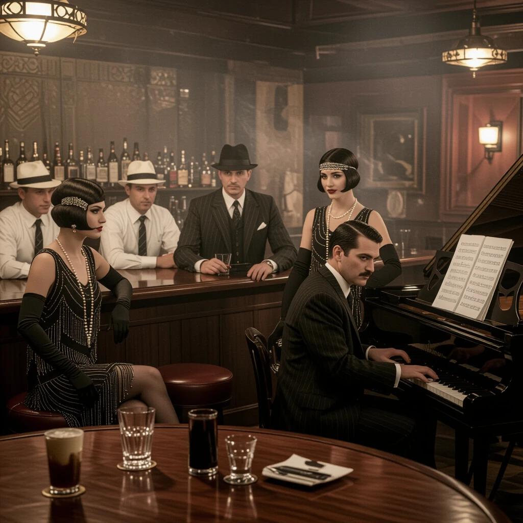 1920s speakeasy bar atmosphere with mobsters in striped suits discussing business. Beautiful short-haired flapper observing the scene. Black pianist in a white undershirt playing the piano. Art Deco style and realistic depiction of the setting.