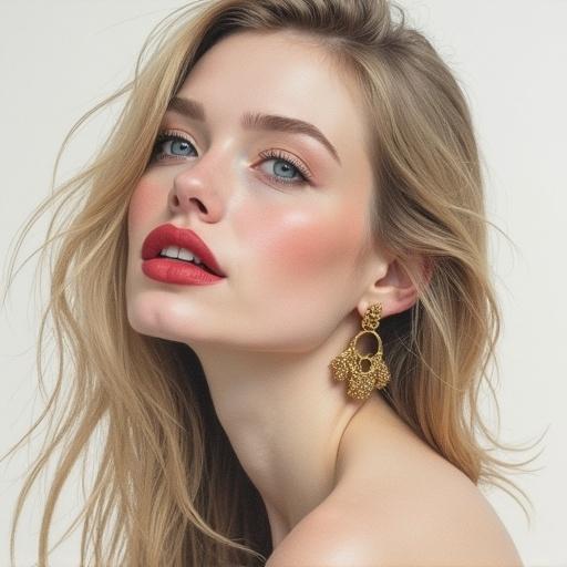 A beautiful woman with bright blue eyes and red lips wearing a gold earring. She looks slightly upwards with her mouth slightly open. Flowing blonde hair and pale skin with a hint of blush. Charcoal drawing with photorealism hints and soft light.