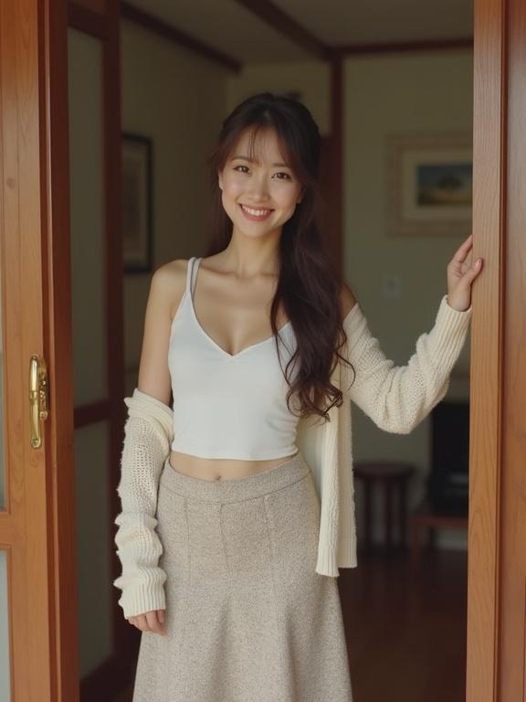 A woman stands in the doorway smiling. She wears a tank top and skirt with a cardigan. The scene feels inviting and casual. Natural light fills the space.