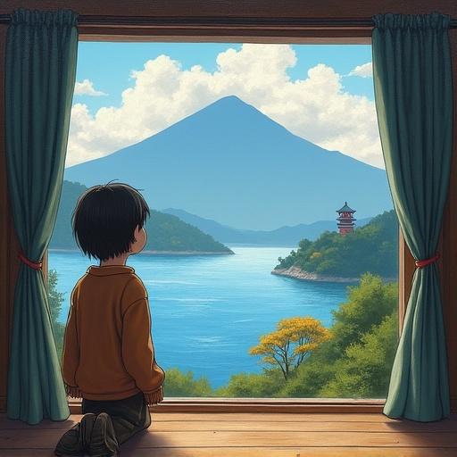 Oil painting representing a serene seaside scene of Kumamoto Castle in Kumamoto Japan. A young figure admires the view of mountains and water. The atmosphere conveys calmness and nostalgia. The scene is illuminated by soft lighting.