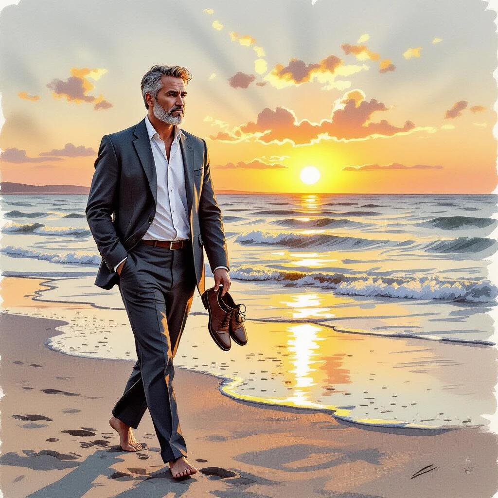 A man walks on the beach dressed in a suit.The man looks thoughtful.He walks barefoot and holds his shoes in his hand.The waves are calm and not high.Sunset