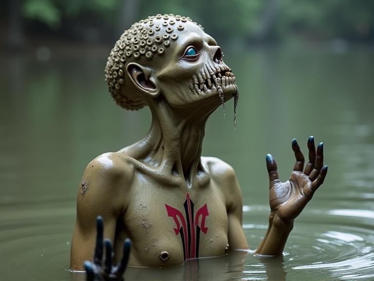 Depiction of a surreal figure with an octopus-like head emerging from polluted water. The torso is slim and partially submerged, covered in mud or slime with dark-painted nails. Includes raised hands and a bold tattoo on the chest. The color palette features earthy tones, highlighting decay and transformation, inviting viewers to reflect on environmental issues.