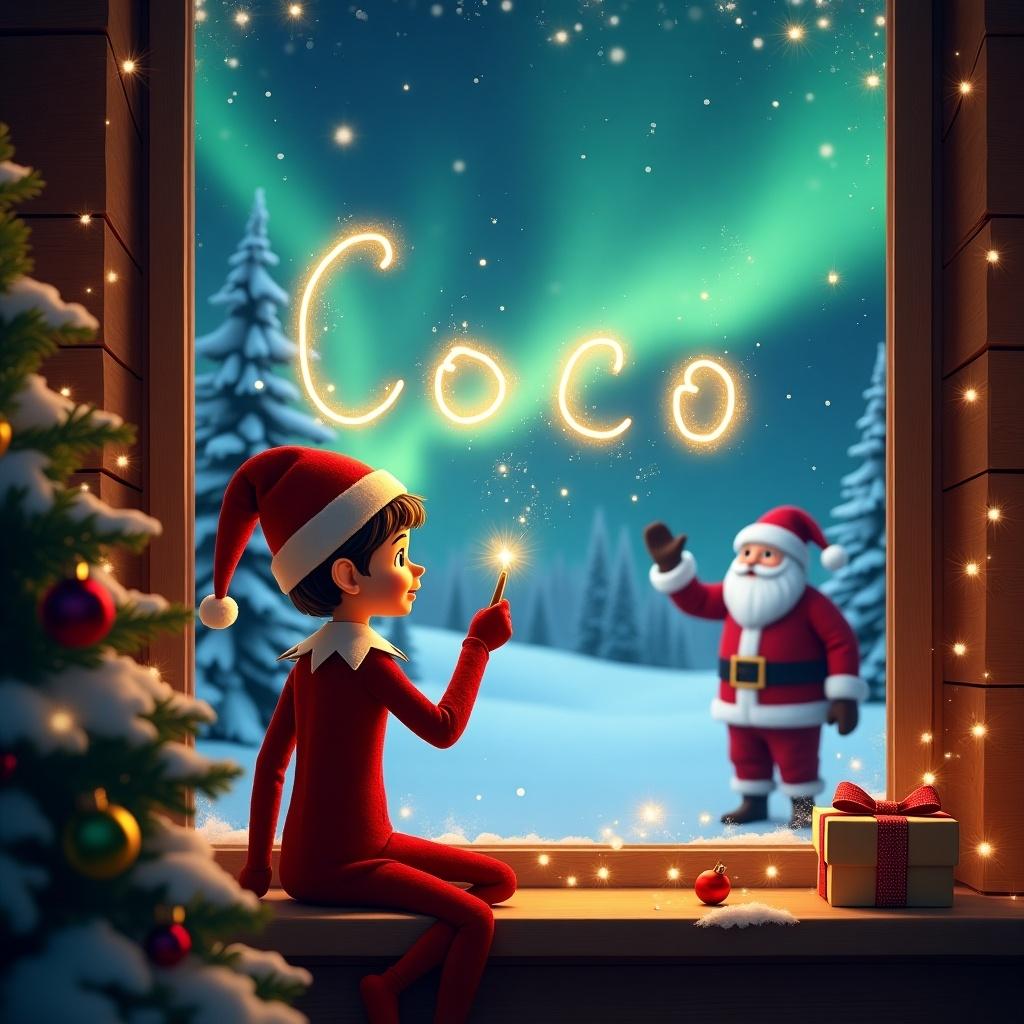 Cosy holiday scene by a window. Elf writing 'Coco' with a glowing wand. Snowy landscape outside with northern lights. Santa Claus waving in the distance. Window decorated for holidays. Captures enchanting Christmas spirit.