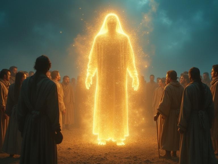 Enoch depicted as a glowing, ethereal figure surrounded by confused villagers. The scene features a symbolic style with golden and blue tones. The image is set in a 9:16 aspect ratio.