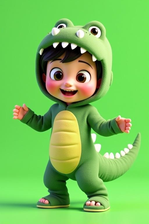 3D animated child in crocodile costume playful cheerful expression big eyes bright lighting green background