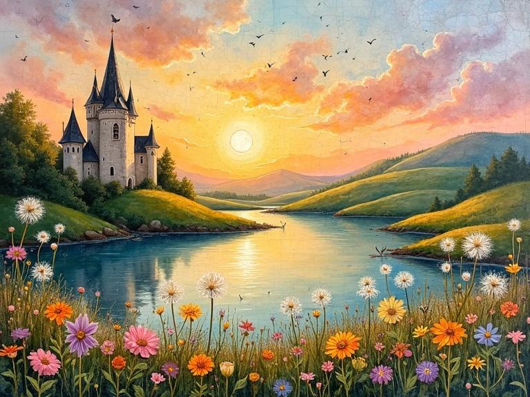 Soft watercolor fairytale castle on lake surrounded by rolling wildflower hills at sunset. Warm colors used with loose brushstrokes.