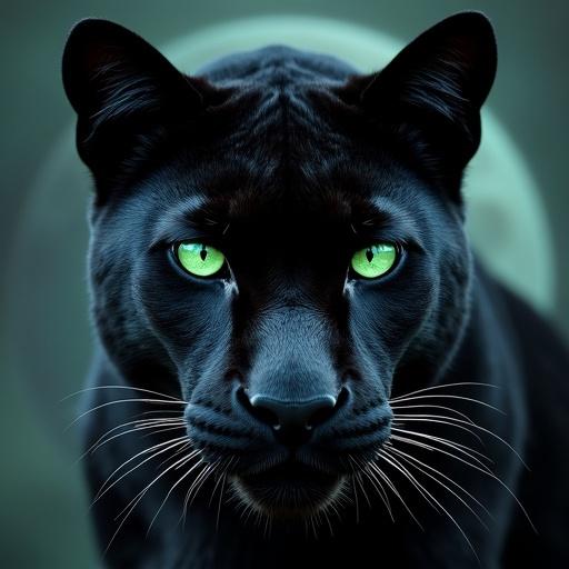 Close-up of a black panther head with striking green eyes. Background reflects the universe. Panther looks confident and determined.