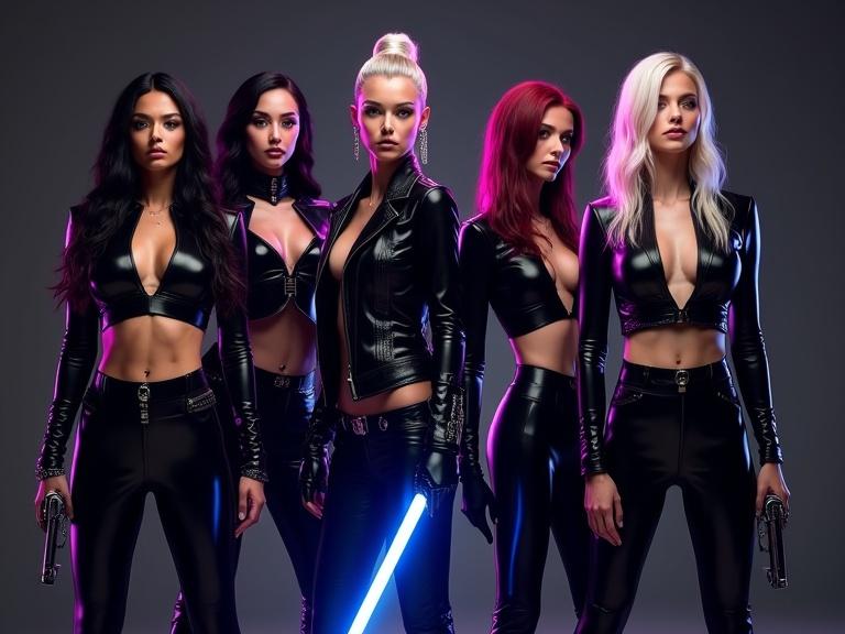 Cinematic image of five slim pretty female music group as sleek superheroes. They wear black, silver, gold, and purple sleek smooth chrome metallic hero suits with long boots. The stomachs show, and they have slick purple and black hair, a short jacket, long black ponytails, curly hair, sleek sunglasses, silver earrings, neck collars, and bracelets. The styles include spandex, short spiky platinum blonde hair, and dark red very long hair. They hold a sleek sci-fi glowing blue sword, a silver chrome sleek sci-fi energy gun, and a glowing disk weapon against a dark background with spotlight.