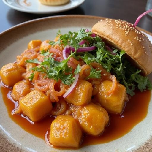 A beautifully plated dish featuring vibrant pasta and a sesame seed bun. Natural light highlights the colors and textures. The dish has garnishes of fresh herbs and sliced onions. The scene is set on a wooden table, showing off gourmet culinary presentation.