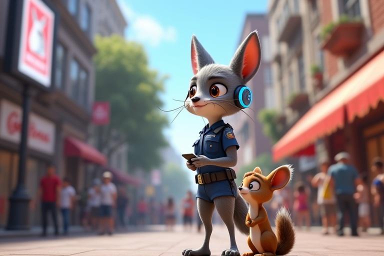 A hyper-realistic 3D animated scene featuring a crowded Praninagari street in bright daylight. Jhilik, a rabbit police officer in slim-fit uniform, stands on two legs with her large brown eyes scanning a digital billboard with a missing animal poster. She has gray fur and a glowing blue headset, taking notes on her smart device. The scene includes worried anthropomorphic citizens like a deer and a squirrel showing expressions of fear.