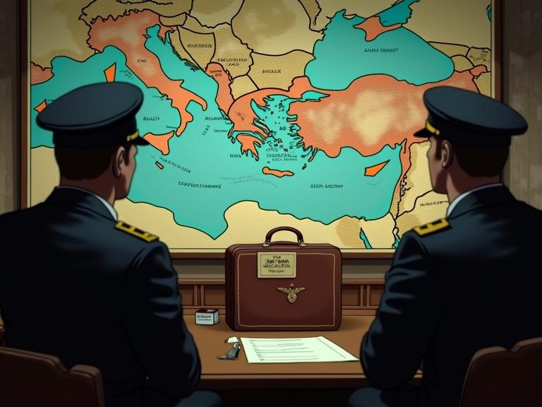 Two British intelligence officers seated at a desk in a dimly lit war room. Officers point at a large map of Europe. Map highlights Greece and Sicily. A leather briefcase labeled 'classified' and an ID card with 'Major William Martin' on the desk.