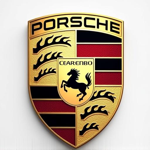 Logo representing luxury automotive brand Porsche. Emblem features a shield design with horses and stripes. Colors include gold, black, and red. High-quality and glossy appearance.