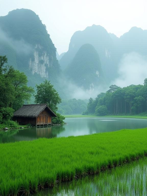 Serene rural landscape with small wooden hut by calm pond surrounded by green rice fields and bamboo groves. Towering karst mountains in background veiled in mist. Dreamlike peaceful atmosphere showcasing harmony of traditional living with nature.