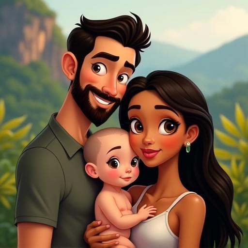 Disney-style illustration featuring family in Costa Rica. A newborn baby with big brown eyes, bald head. Dad with short beard, dark hair. Mom with long dark hair, resembling Disney character Jasmine. Background shows tropical scenery.